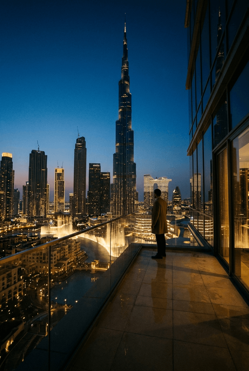 Dubai skyline at blue hour from a private terrace