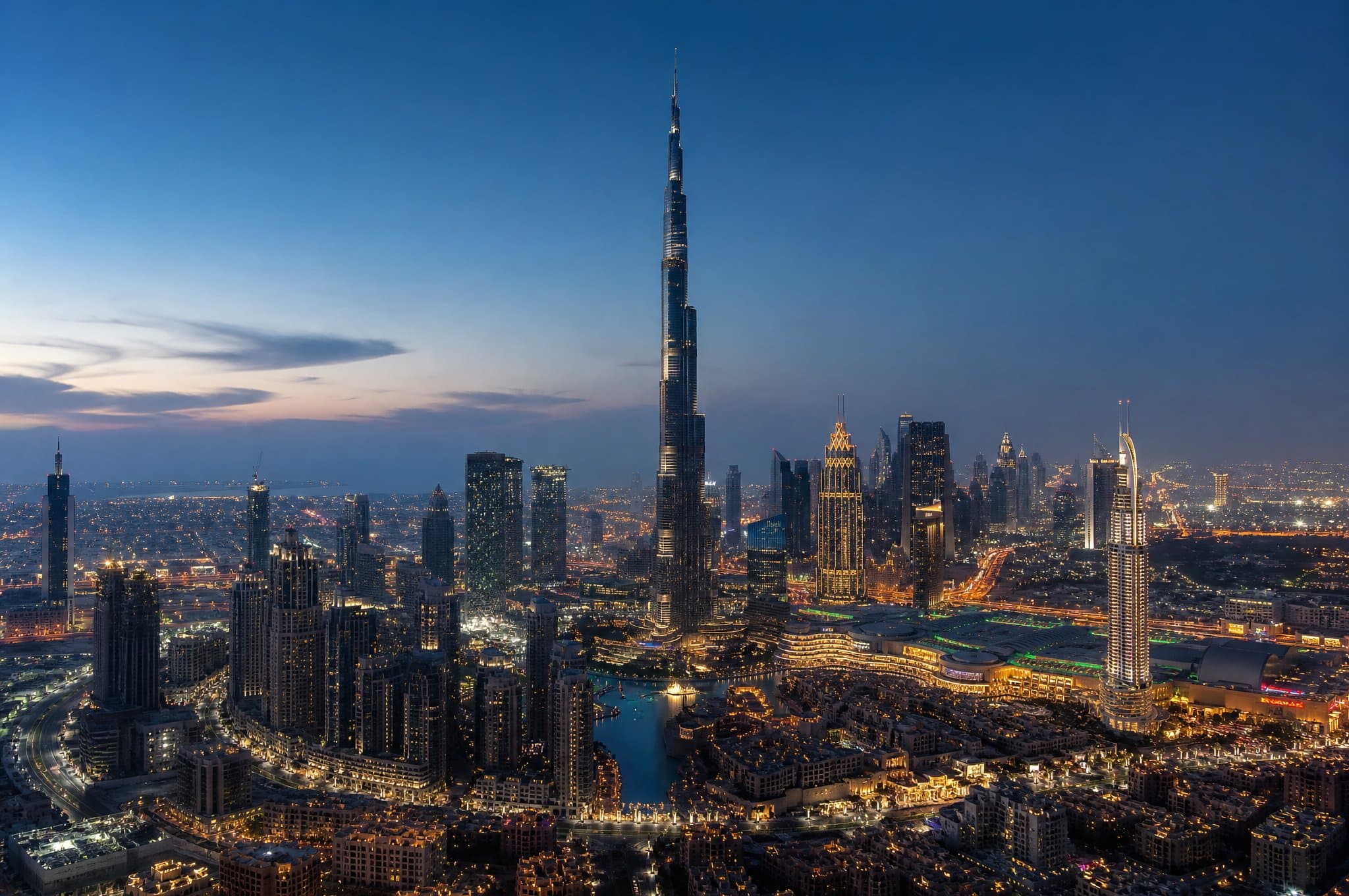GoldBrick's Dubai real estate strategy, illustrated by a photograph of the city's waterfront residential skyline at dusk